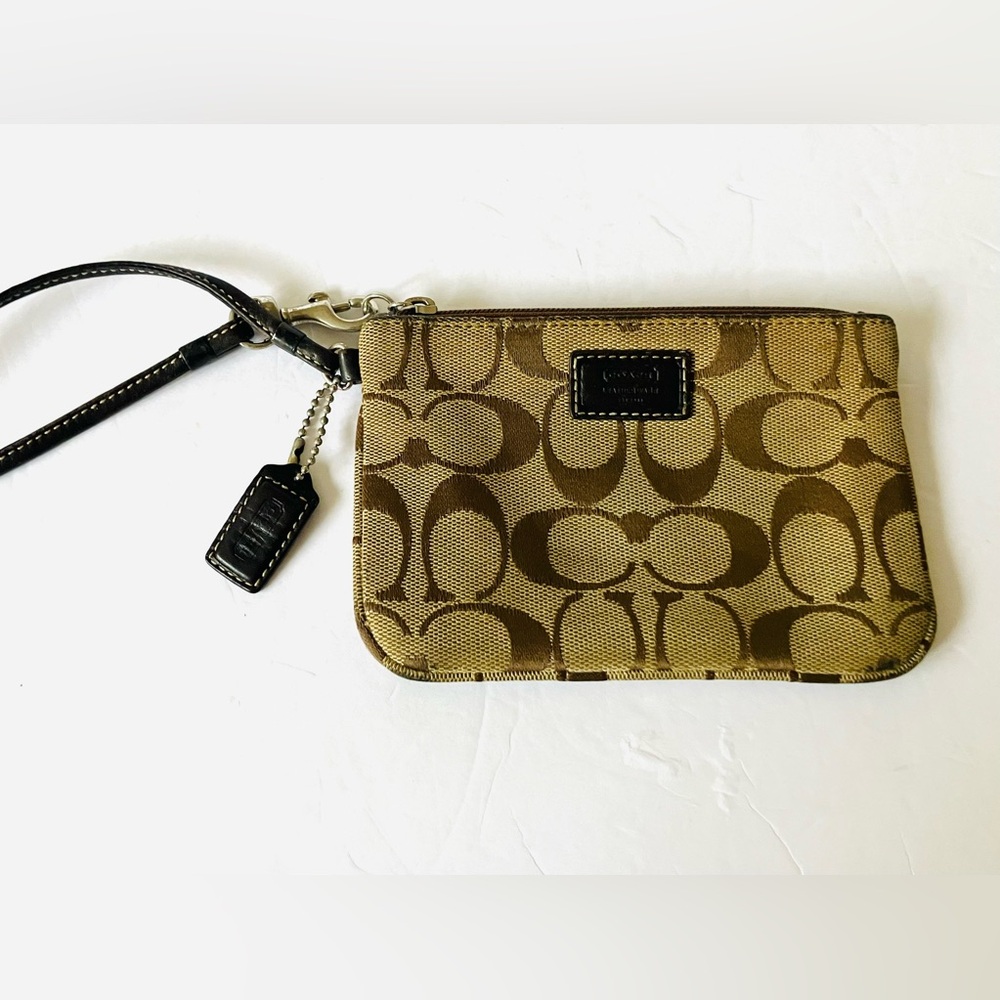 Coach Signature Canvas Wristlet Brown & Tan with Brown Leather Strap Zip Pouch